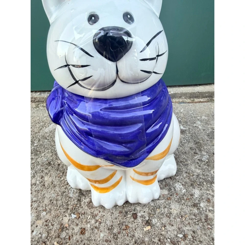 Vintage Style Ceramic White Orange Striped Cat Cookie Jar Blue Scarf 10‎ Inch